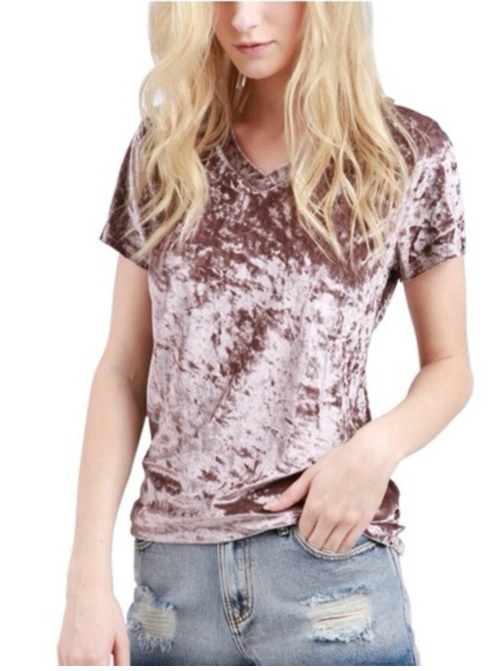 POL Crushed Velvet V-Neck Tee in Rose Blush Pink Short Sleeve Size Large